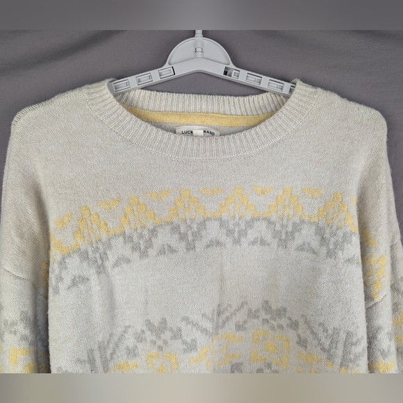 Lucky Brand Sweater XL Cream/Gray/Yellow Crewneck Fuzzy - Picture 8 of 11